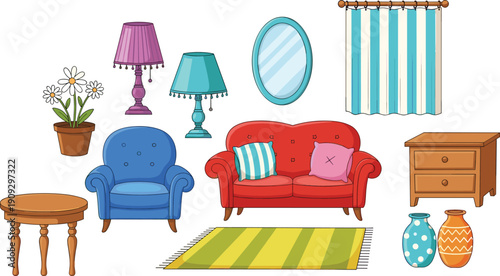 Living room furniture illustration set, cozy home interior elements, sofa chair table lamp decor, colorful cartoon vectorLiving room furniture illustration set, cozy home interior elements