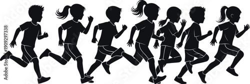 Silhouette illustration depicting a diverse group of energetic children actively participating in a spirited footrace or outdoor running activity