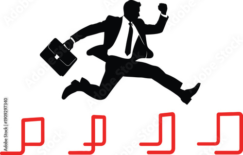 Silhouette of determined businessman successfully leaping over business hurdles while carrying a briefcase in a competitive environment