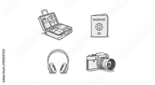 Travel Essentials: Open Suitcase, Passport, Headphones, and Camera