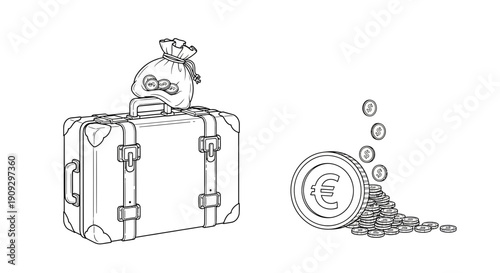 Travel suitcase with money bag and euro coins, symbolizing travel expenses and savings.