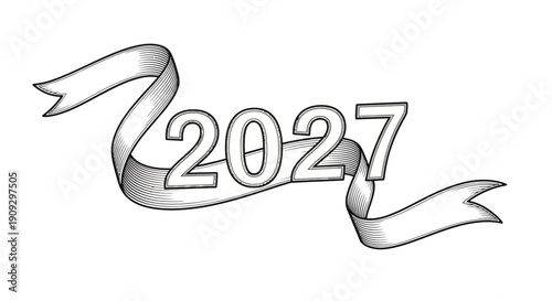 Vintage Ribbon Banner with Year 2027 Hand Drawn Sketch