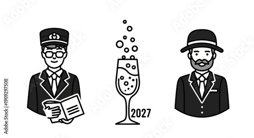 Vintage Gentleman and Conductor with Champagne Glass Celebrating 2027