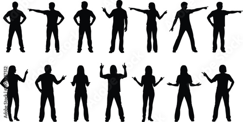 Human silhouette poses set with pointing and gesturing men and women