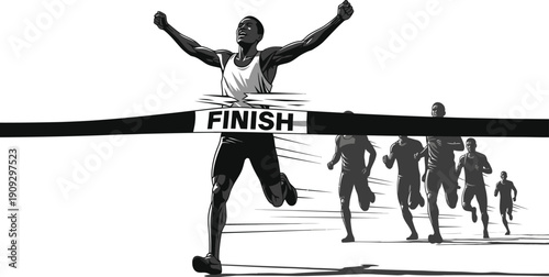 Victorious athletic runner triumphantly breaks the finish line tape ahead of the competition in a dramatic race illustration