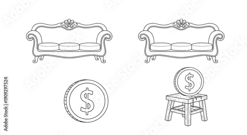 Vintage Sofa and Money Coin Icons: Luxury, Wealth, Investment, and Comfort Concepts
