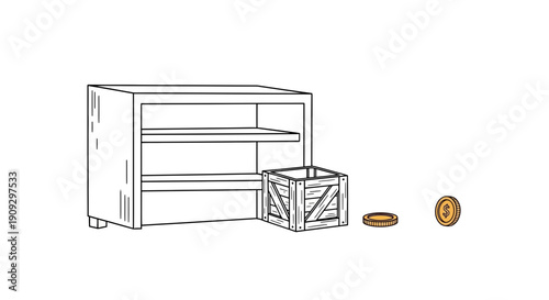 Vintage Wooden Crate and Coins Next to Empty Shelves