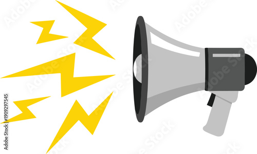 Megaphone loudspeaker icon, sound announcement concept, yellow lightning effect, flat vector illustration, communication symbol, isolated on white