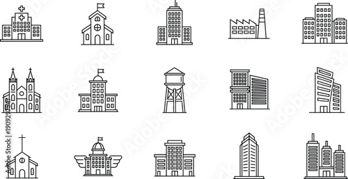 Building Outline Icons Set, Including Hospital, Church, Skyscraper, Factory, University, Water Tower, Office, and Cityscape Vector Stock Illustration