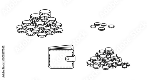 Wallet and Piles of Coins: Financial Wealth, Savings, and Investment Concept