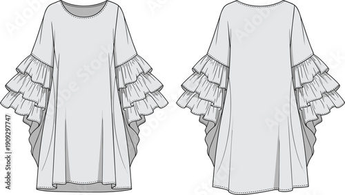 Fashion Illustration: Flowing Dress with Tiered Ruffle Sleeves - A Versatile Design for Modern Apparel and Creative Projects