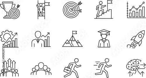 Business achievement icons set featuring career growth, target goals, leadership skills, rocket launch startup, mountain peak success, and professional development vectors.