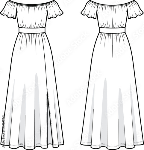 Elegant Off-the-Shoulder Maxi Dress Fashion Illustration: A Line Drawing for Design, Sewing, and Style Inspiration, Perfect for Summer and Evening Wear Projects