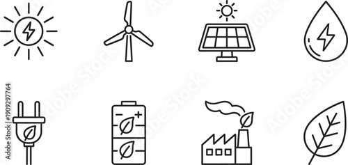 Minimal line renewable energy and sustainability icons set with solar wind battery factory plug leaf vector illustration