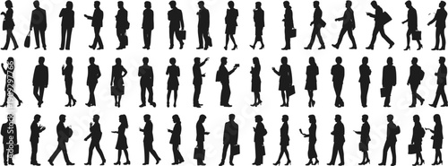 Flat vector silhouettes of diverse business people standing in various professional poses with bags briefcases urban workplace attire collection