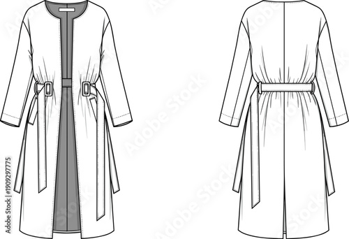 Fashionable Women's Trench Coat Design: Technical Drawing for Apparel Production and Fashion Illustration Projects, Showcasing Contemporary Style and Modern Wardrobe Essentials