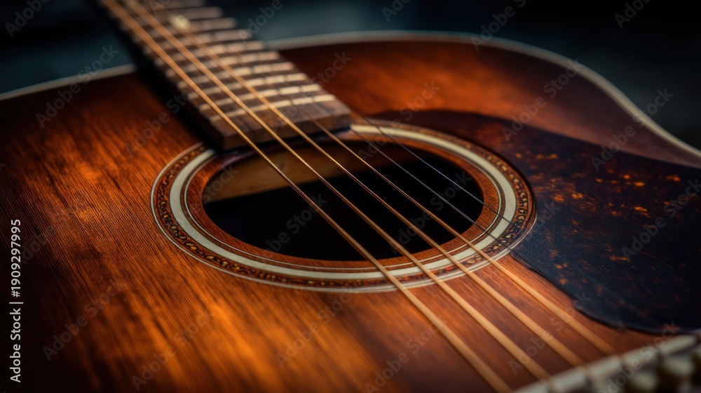 Fototapeta premium Wooden acoustic guitar closeup detail