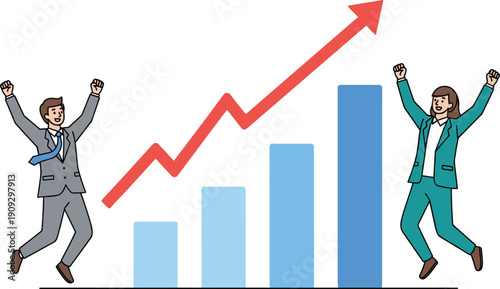 Business growth success illustration, rising profit chart, happy office workers celebrating achievement, financial performance, startup progress concept, strategy