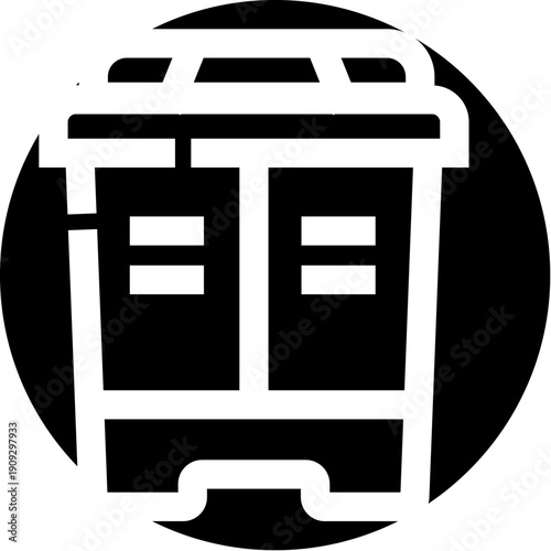 Monochrome graphic depicting two side by side waste bins with push pedal mechanisms, contained within a distinct circular frame, symbolizing garbage management and sorting