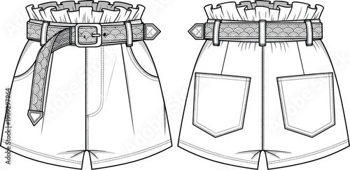 Fashionable Women's Shorts Technical Drawing: A Detailed Vector Illustration of Paper Bag Waist Shorts with Stylish Belt and Pockets for Apparel Design and Manufacturing