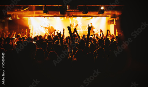 Konstfotografi Large crowd cheering at bright live music concert