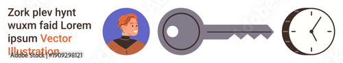 Security, user authentication, access control, time management, identity verification, safekeeping. Graphic of a person, a key and a clock. Security and user authentication concepts