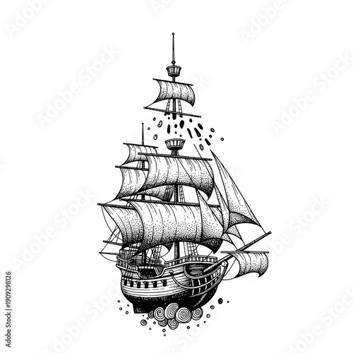 Vintage Tall Ship Illustration, Nautical Adventure, Sailing Vessel