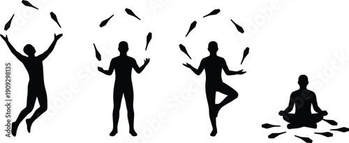 Human silhouettes juggling clubs, celebrating, balancing and meditating, abstract performance and mindfulness vector illustration isolated on white