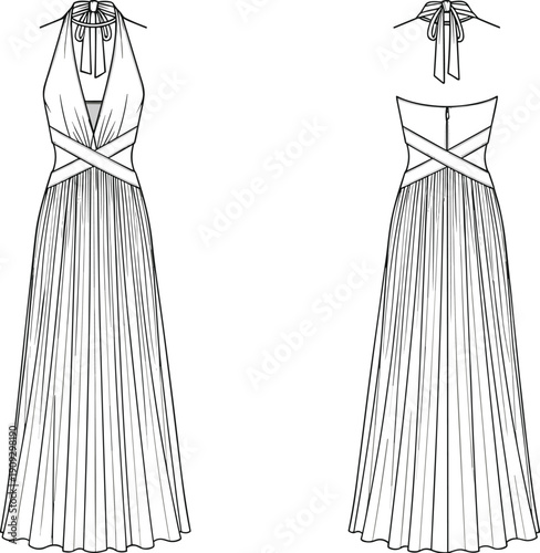 Elegant Pleated Gown Technical Drawing: A Timeless Design for Fashion Designers and Illustrators, Perfect for Creating Stunning Evening Wear and Red Carpet Looks