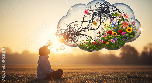  A thought bubble showing thorny vines turning into flowers, a metaphor for cognitive behavioral therapy (CBT), positive thinking, and mental transformation.