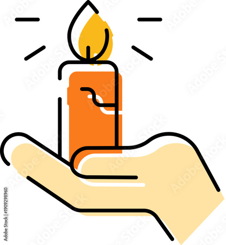 Human hand gently holding a burning candle, warm glowing flame symbolizing memory, faith, hope, prayer, solace and peaceful remembrance during vigil, mourning or meditation