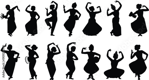 Indian classical dance silhouettes illustration, Bharatanatyam Kathak Odissi poses, expressive mudras and postures, cultural heritage artwork, traditional performing arts concept