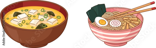 Japanese food set with miso soup and ramen noodles, traditional Asian cuisine illustration, healthy meal concept, vector design