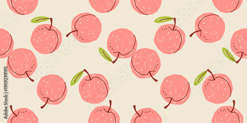 Seamless modern summer horizontal pattern with fruits: peaches on a light background; simple, cute vector illustration, hand-drawn with brush strokes, in a flat style