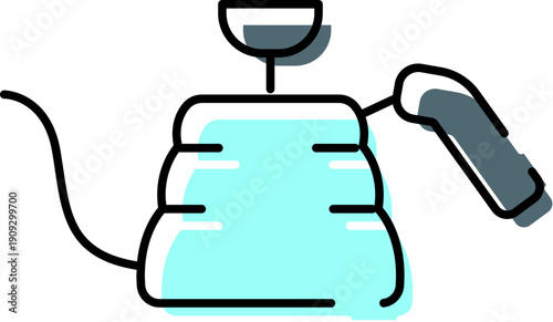 Gooseneck kettle line art with light blue fill and shadow, minimalist pour over icon for coffee and tea brewing, kitchen appliance symbol for cafe, home, or barista use