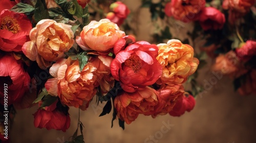 Closeup view of decorative peony bouquet