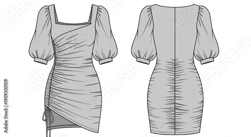 Technical Drawing of a Ruched Mini Dress with Puff Sleeves for Fashion Design Mockups and Apparel Production Manuals