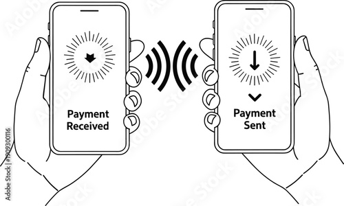Hands holding smartphones sending and receiving payment via contactless nfc wireless technology