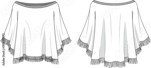 Chic Fashion Illustration: Front and Back Views of a Stylish White Poncho with Fringe Detailing for Fashion Design and Apparel Mockups, Ideal for Fashion Industry Projects