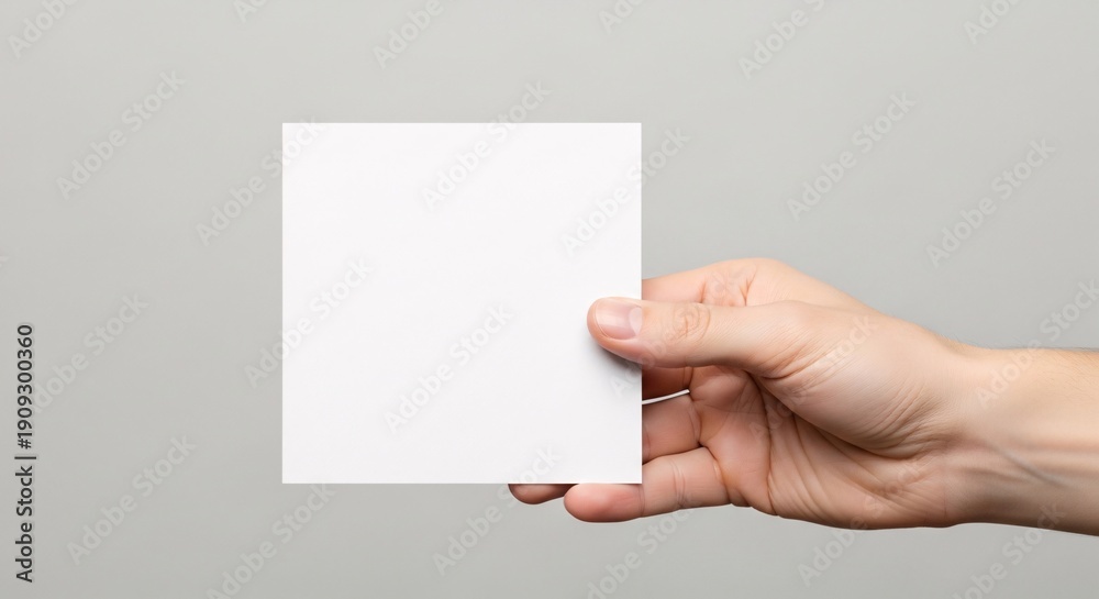 Fototapeta premium Close-up of a hand presenting a square blank white card mockup against a neutral grey background with soft, professional lighting.