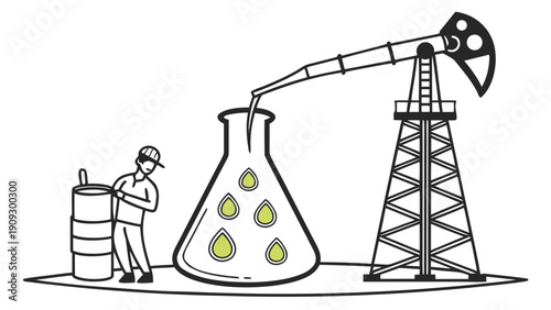 Oil extraction process illustration with worker and laboratory equipment.