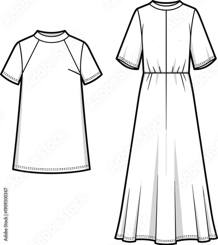 Fashion Forward: Sleek Dress Designs for Modern Style Guides and Pattern Drafting, Featuring a Minimalist T-Shirt Dress and an Elegant Empire Waist Maxi Dress