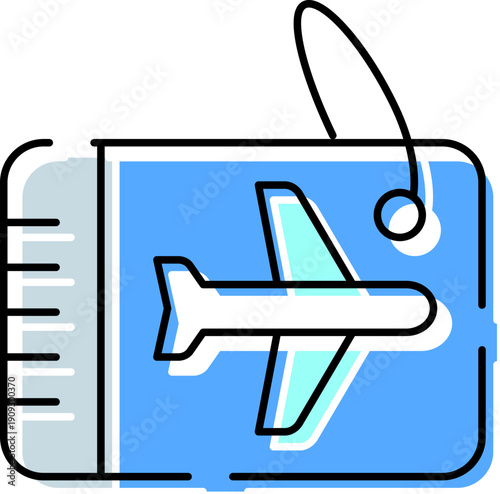 Airplane icon on a boarding pass connected to a luggage tag, symbolizing air travel, global transportation, flight booking, international journeys, and tourism