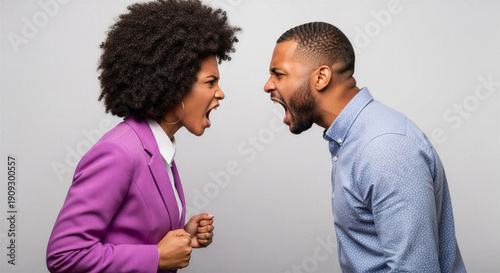 Young black couple arguing and shouting at each other indoors  