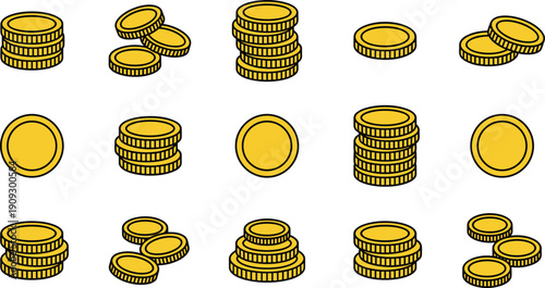 Collection of gold coins stack and single money pieces vector line icon set, representing finance, wealth, currency, savings, and payment methods, isolated.