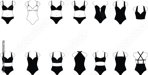 Collection of Women's Swimwear and Lingerie Top Designs Vector, Various Styles of Bikinis, Bras, and One-Piece Swimsuits, Black and White Fashion Set.