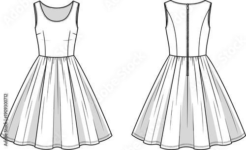 Technical Fashion Flat Sketch of a Flared Dress with Zipper Closure: Versatile Design for Fashion Illustrations and Pattern Making Projects
