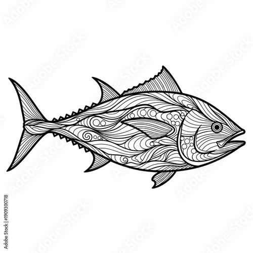 Tuna fish illustration with intricate line art pattern, black and white drawing