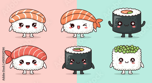 A charming collection of six kawaii sushi characters, each with unique expressions and poses, set against a split pink and teal background.