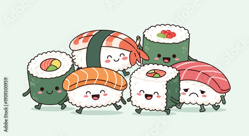 A group of cute, anthropomorphic sushi characters are happily gathered together, showcasing various types of sushi.